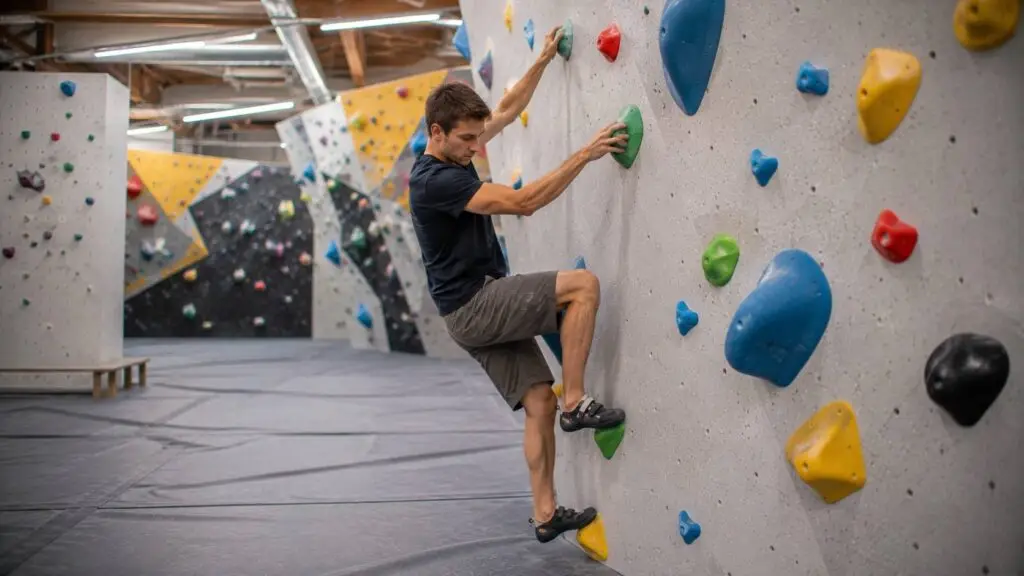 Beginner gebruikt voeten en balans tijdens het boulderen