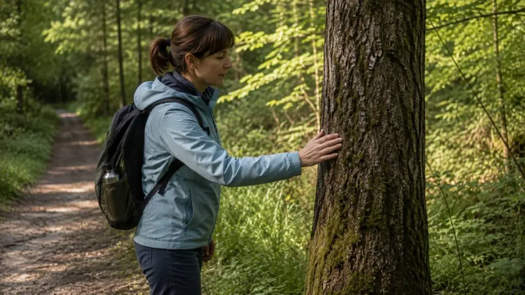 Wandelaar gebruikt de zintuigen tijdens mindful wandelen in het bos