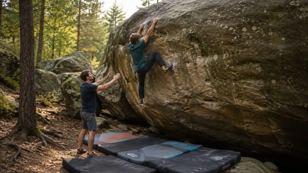 Boulderen buiten op een natuurlijke rots met crashpads in een bosgebied