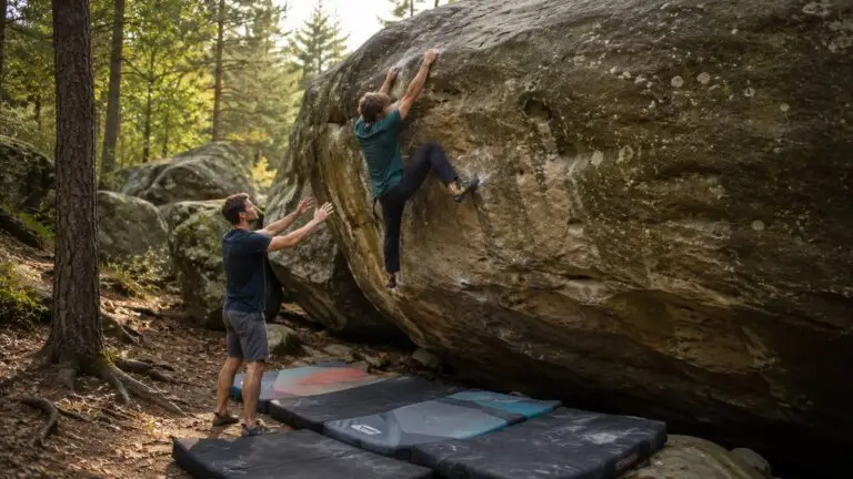 Boulderen buiten op een natuurlijke rots met crashpads in een bosgebied