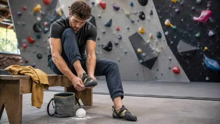 Boulderen uitrusting met klimschoenen, magnesium en functionele kleding
