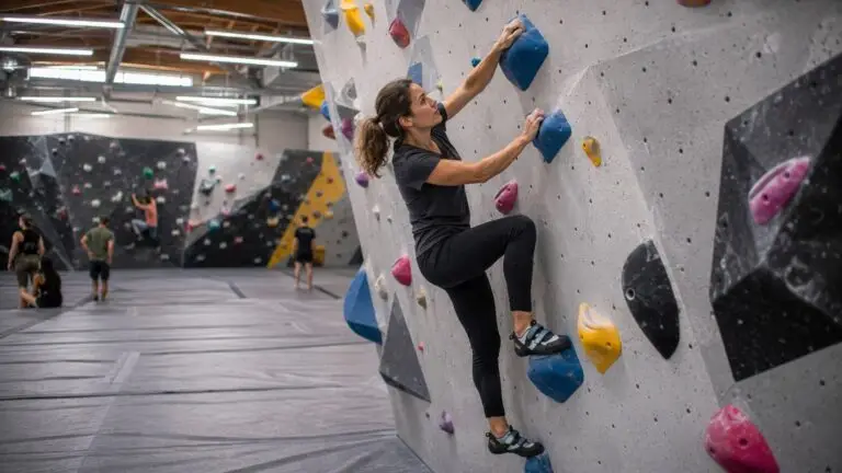 Boulderen voor beginners op een eenvoudige route in een indoor klimhal