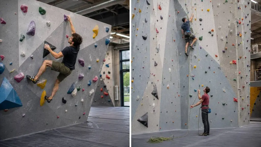 Boulderen vs klimmen met links een boulderaar en rechts een gezekerde sportklimmer
