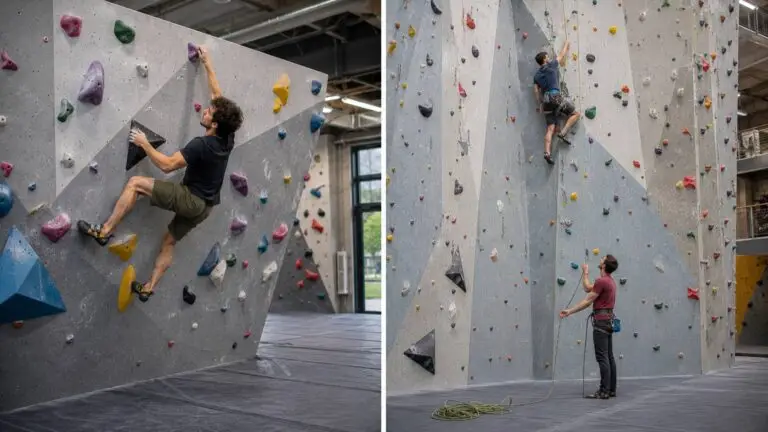 Boulderen vs klimmen met links een boulderaar en rechts een gezekerde sportklimmer