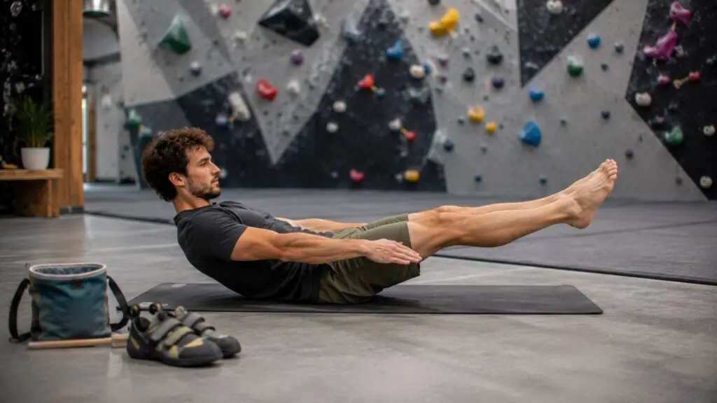 Boulderaar doet core-oefeningen als onderdeel van de boulderen training