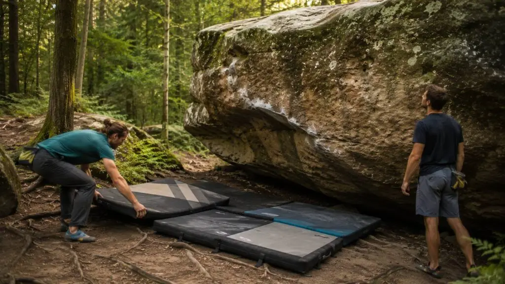 Boulderaars plaatsen crashpads voor veilig boulderen buiten