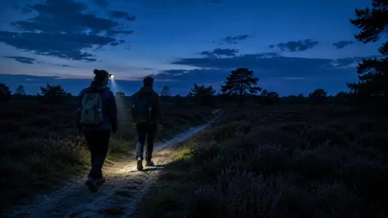 Nachtwandelen over een natuurpad in Nederland na zonsondergang