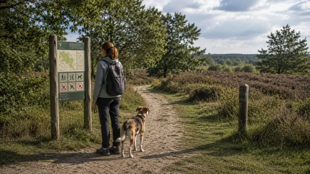 Hondenbezitter controleert de toegangsregels tijdens het wandelen met de hond