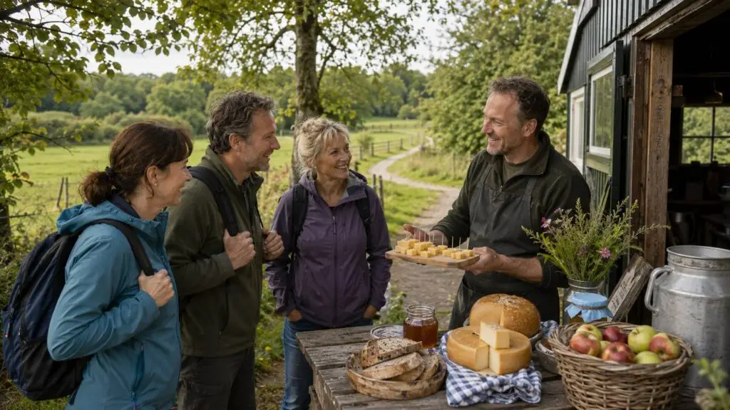 Wandelaars proeven streekproducten bij een lokale producent tijdens culinair wandelen