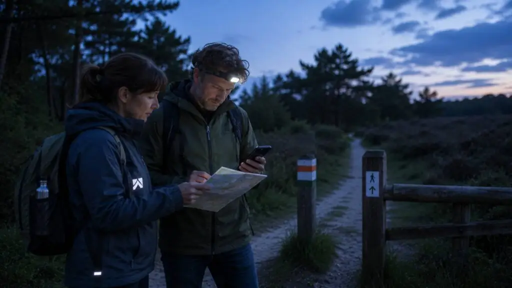 Wandelaars controleren hun route en uitrusting voor het nachtwandelen