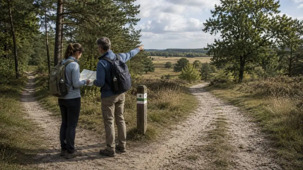Wandelaars kiezen een route tijdens het wandelen in Nederland
